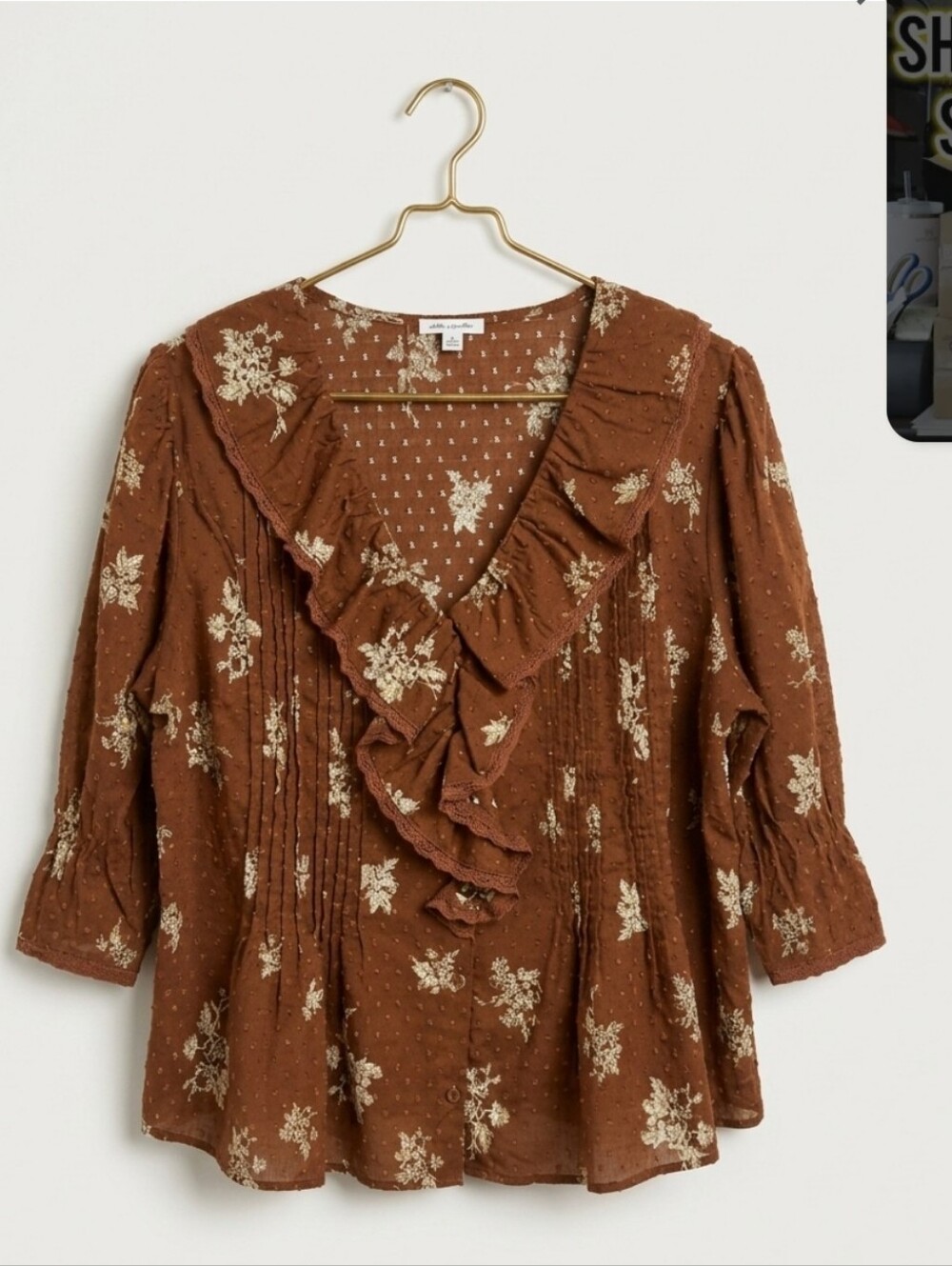 Ultra Pink Brown Floral Ruffle V-Neck Cotton  Blouse Sz L